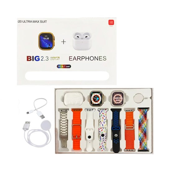 I20 Ultra Max 10-in-1 Smartwatch Bundle with AirPods Bonus | 2.3-Inch Screen & 10 Straps for Ultimate Style & Functionality