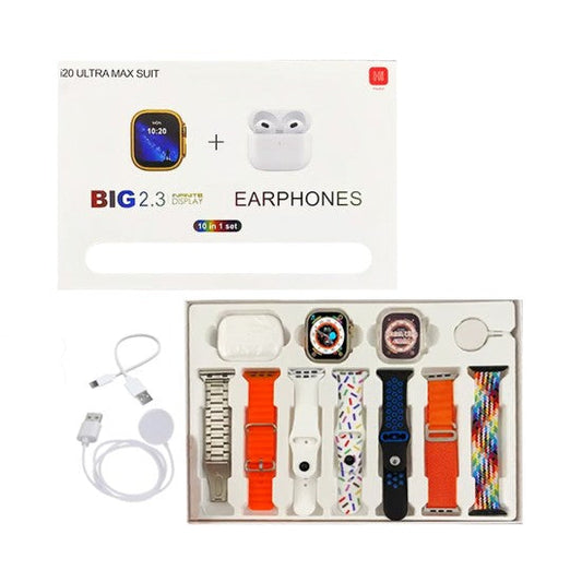 I20 Ultra Max 10-in-1 Smartwatch Bundle with AirPods Bonus | 2.3-Inch Screen & 10 Straps for Ultimate Style & Functionality