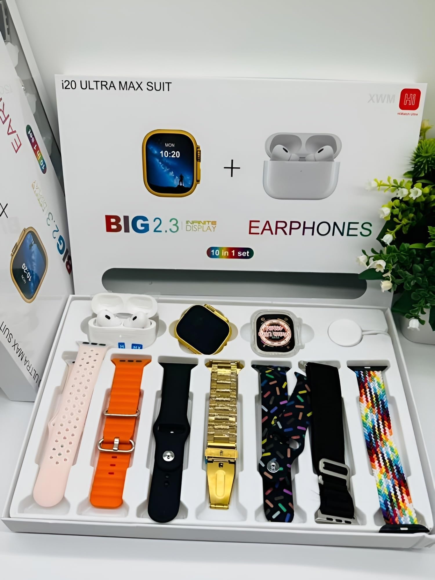 I20 Ultra Max 10-in-1 Smartwatch Bundle with AirPods Bonus | 2.3-Inch Screen & 10 Straps for Ultimate Style & Functionality